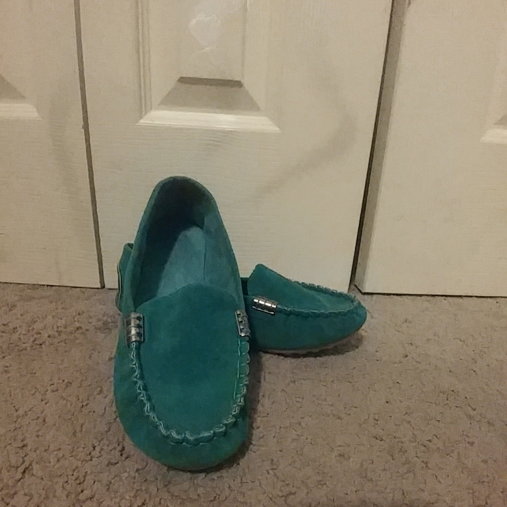 Teal moccasin style slip on shoes